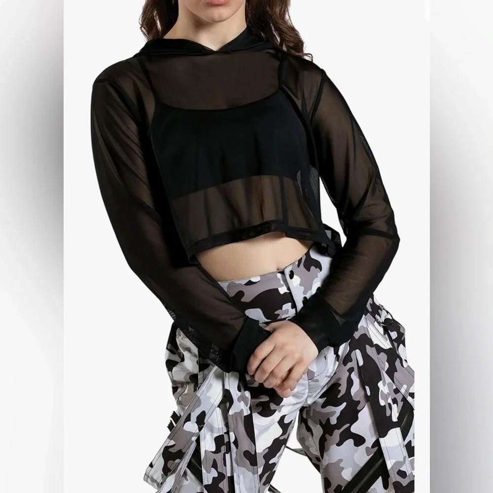 👟Balera Power Mesh Cropped Black Hoodie and Camouflage Hip Hop Pants